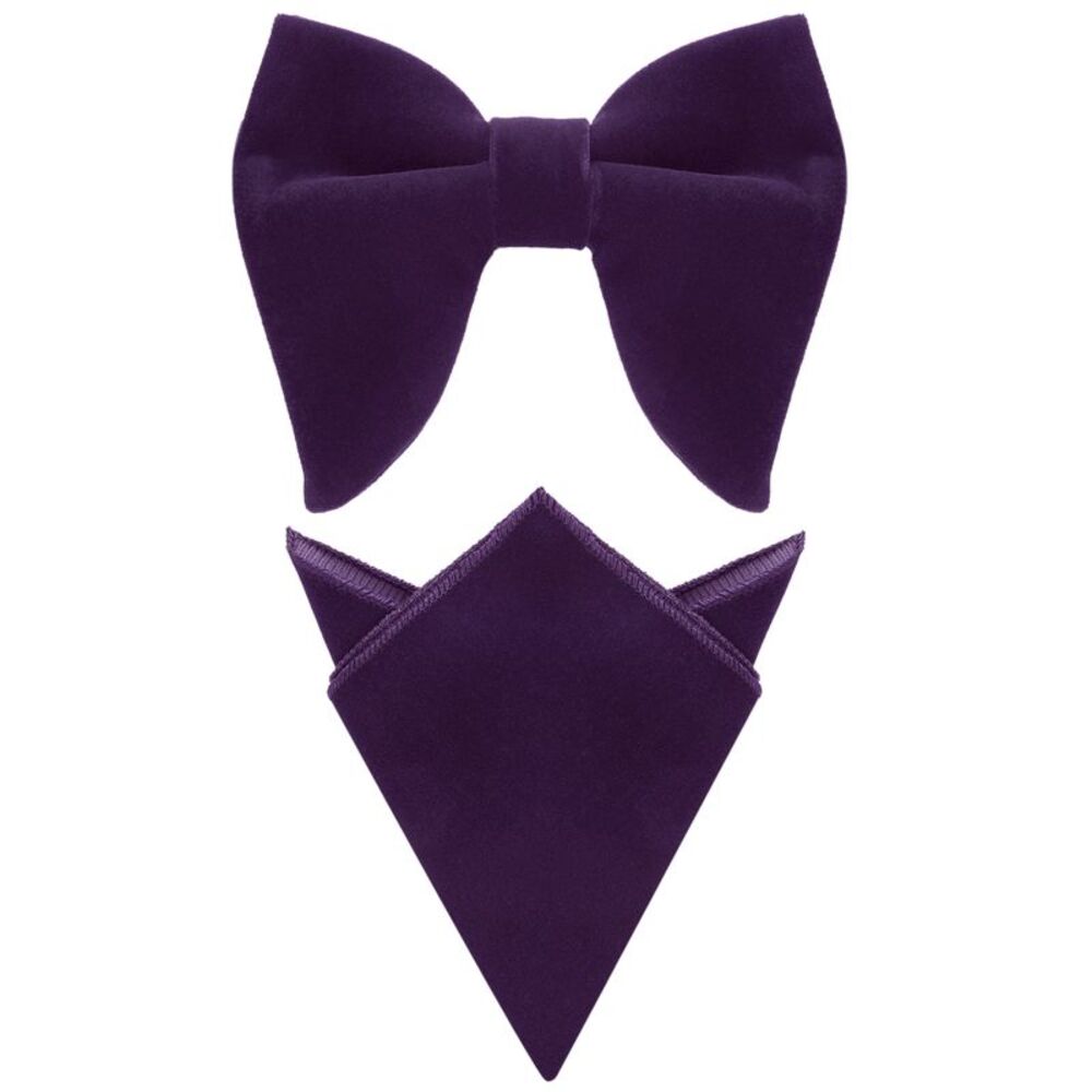 Velvet Pre-Tied Oversize Bowtie with Pocket Square Bow Tie Sets Dark Purple
